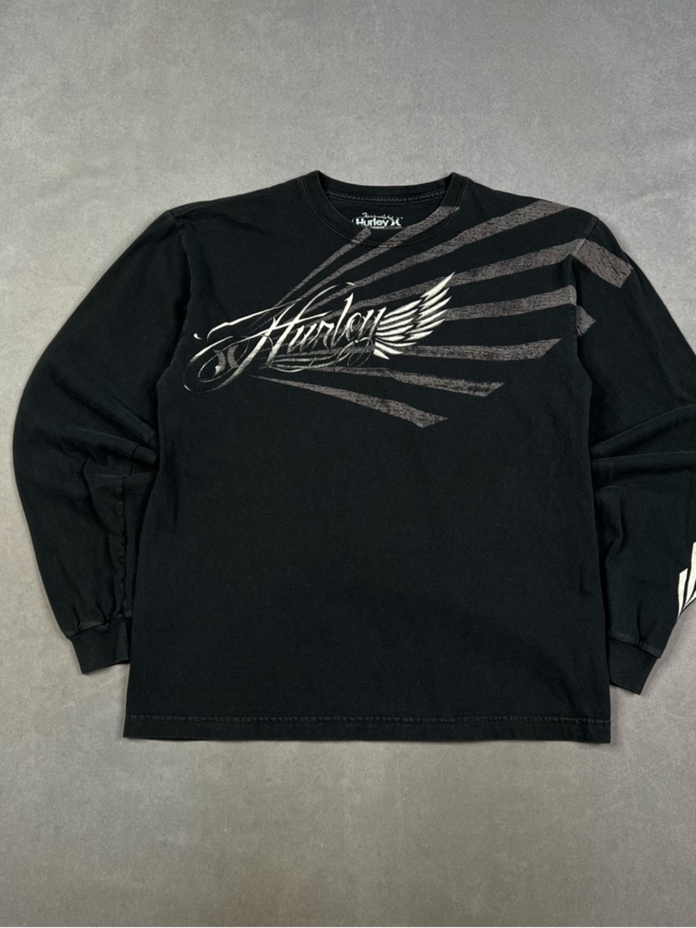 Y2K Hurley Black Long Sleeve Shirt with Silver Wing Graphic